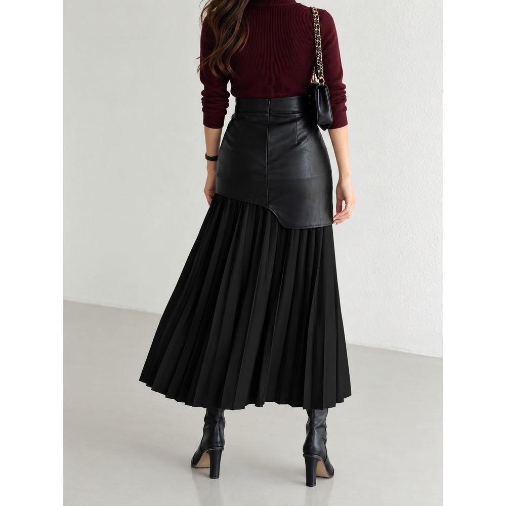 COMMENSE Black Faux Leather Chiffon Pleated Asymmetric Maxi Skirt US 8-10 L NWT - Picture 2 of 12